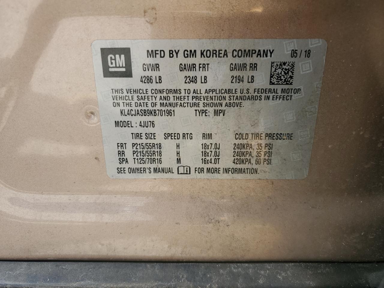 2019 Buick Encore Preferred VIN: KL4CJASB9KB701961 Lot: 64597894