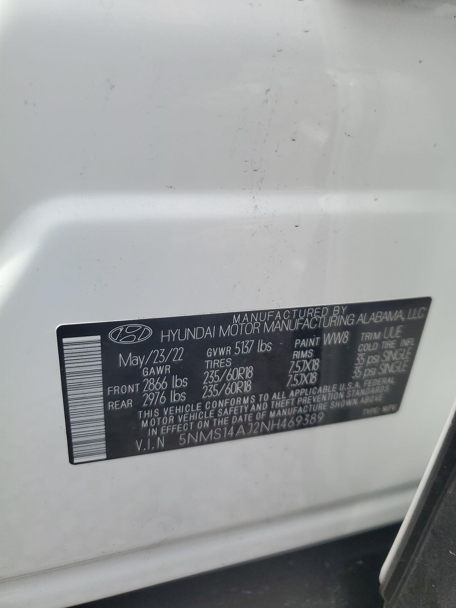 5NMS14AJ2NH469389 2022 Hyundai Santa Fe Se