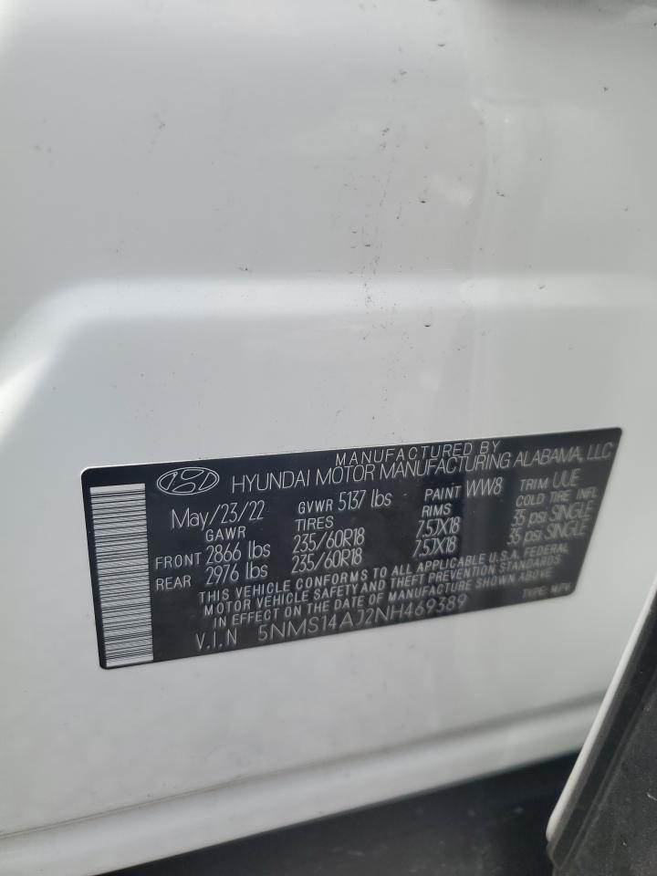 2022 Hyundai Santa Fe Se VIN: 5NMS14AJ2NH469389 Lot: 64782684