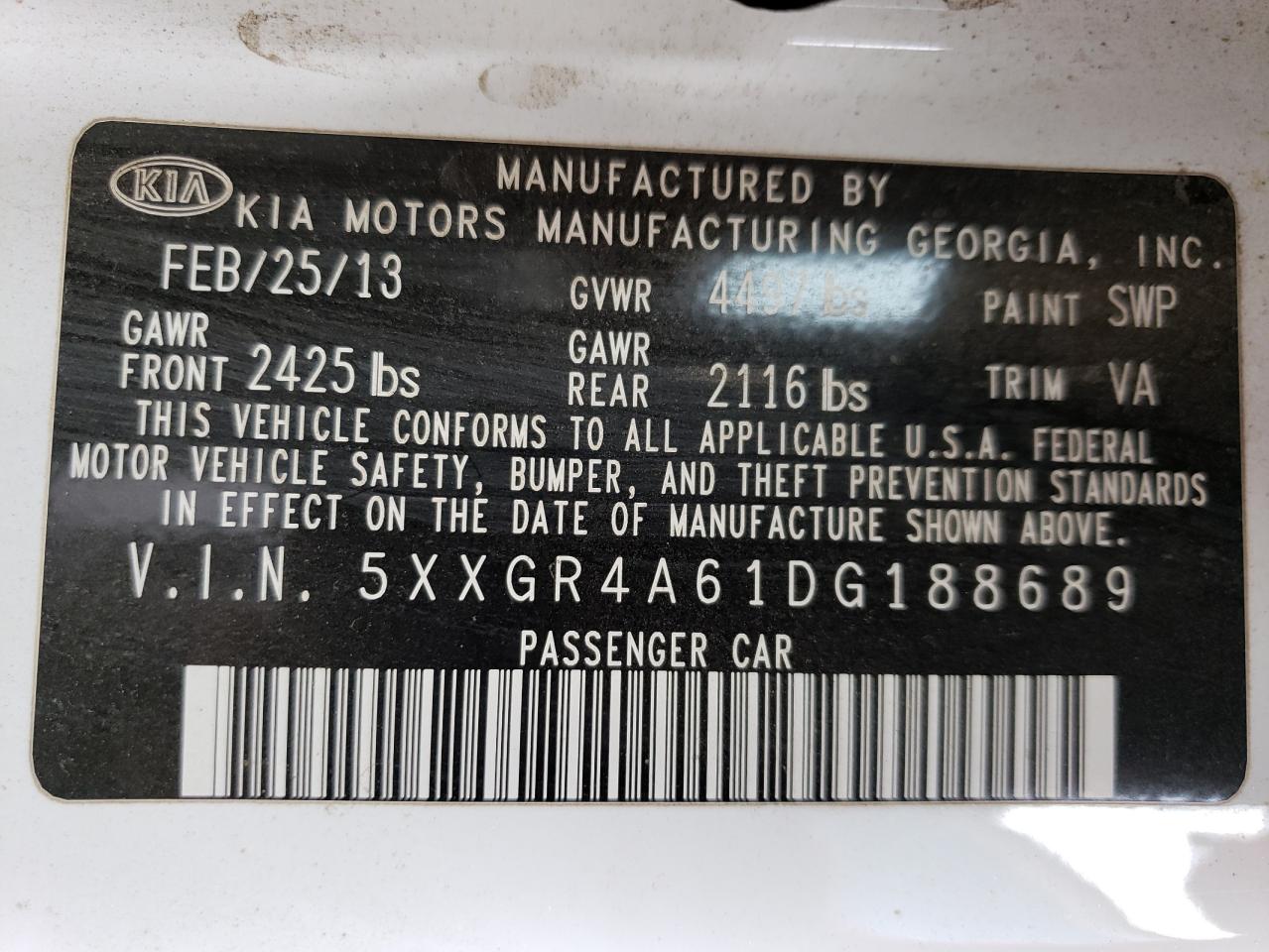 2013 Kia Optima Sx VIN: 5XXGR4A61DG188689 Lot: 63530544