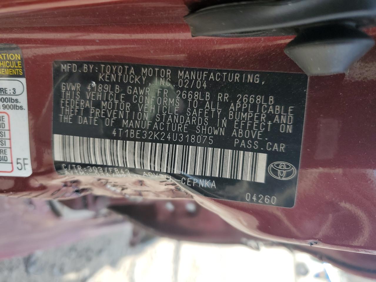 2004 Toyota Camry Le VIN: 4T1BE32K24U318075 Lot: 62126424