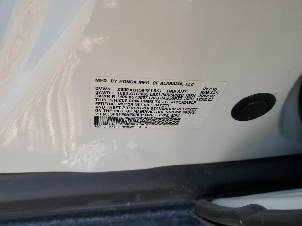 2018 Honda Pilot Touring VIN: 5FNYF6H9XJB011470 Lot: 63936964