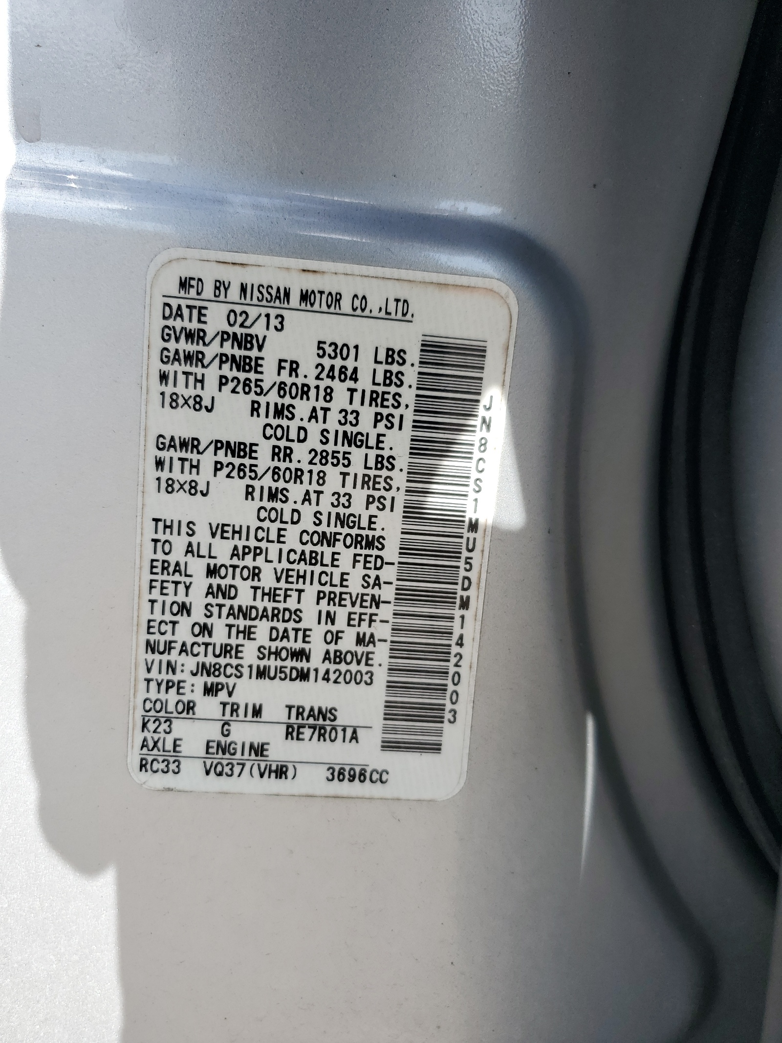 JN8CS1MU5DM142003 2013 Infiniti Fx37