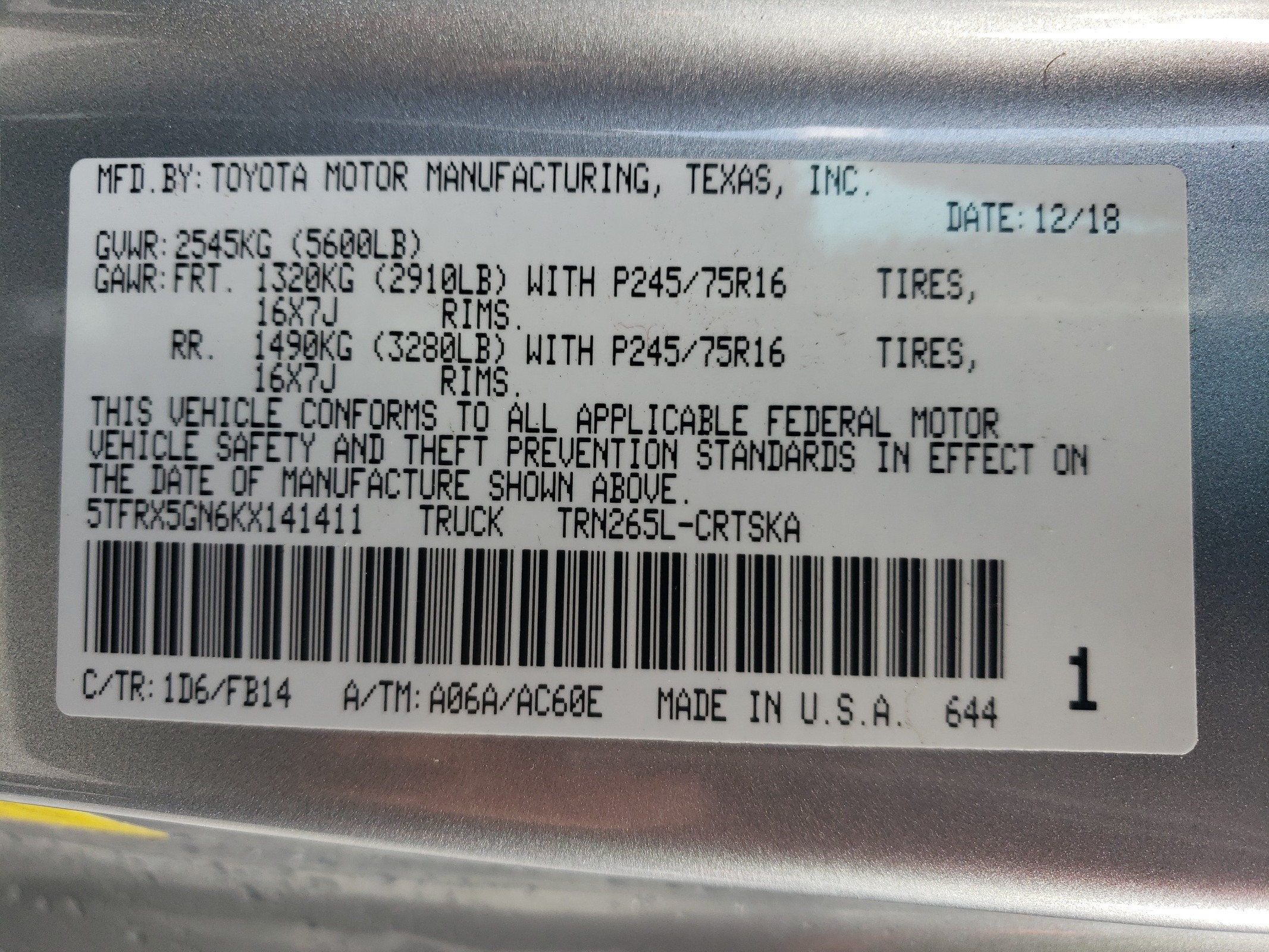 5TFRX5GN6KX141411 2019 Toyota Tacoma Access Cab