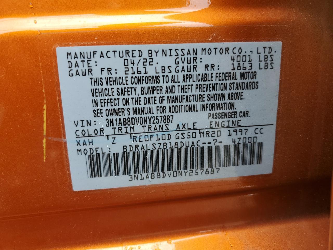 2022 Nissan Sentra Sr VIN: 3N1AB8DV0NY257887 Lot: 63796084