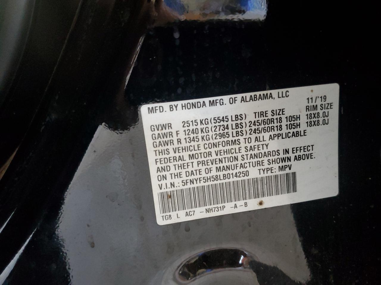 2020 Honda Pilot Exl VIN: 5FNYF5H58LB014250 Lot: 62399434