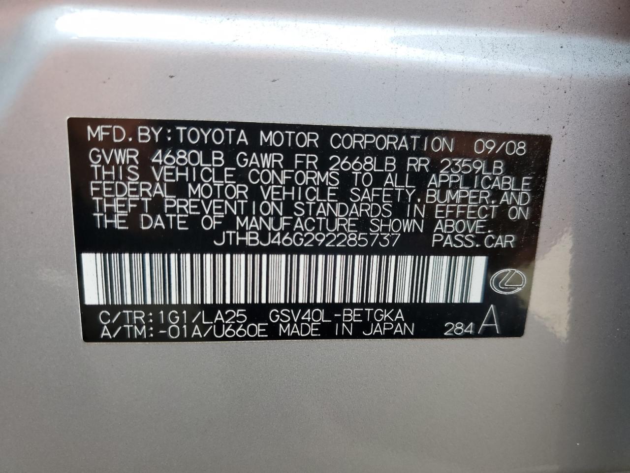 2009 Lexus Es 350 VIN: JTHBJ46G292285737 Lot: 63265864