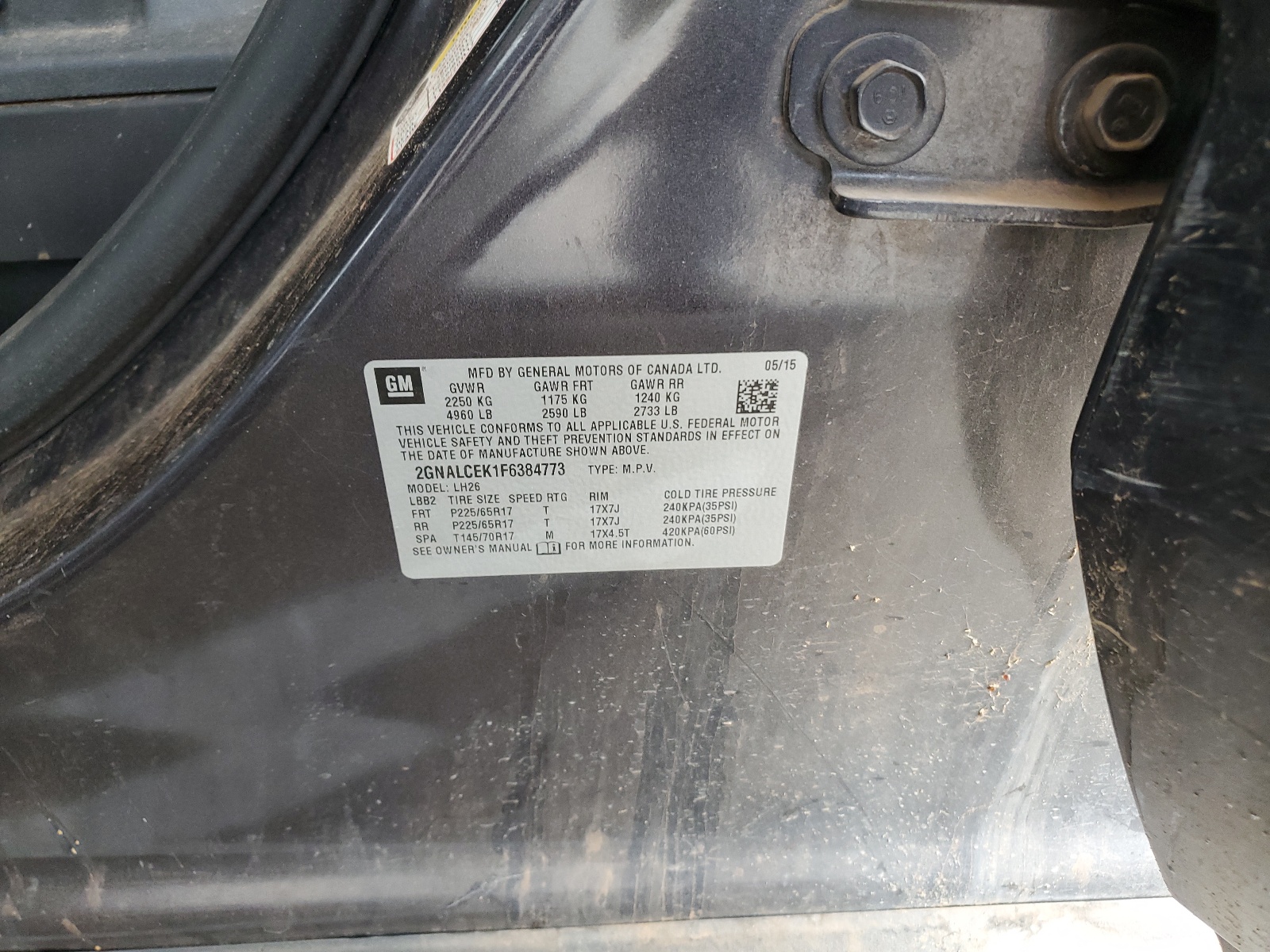 2GNALCEK1F6384773 2015 Chevrolet Equinox Lt