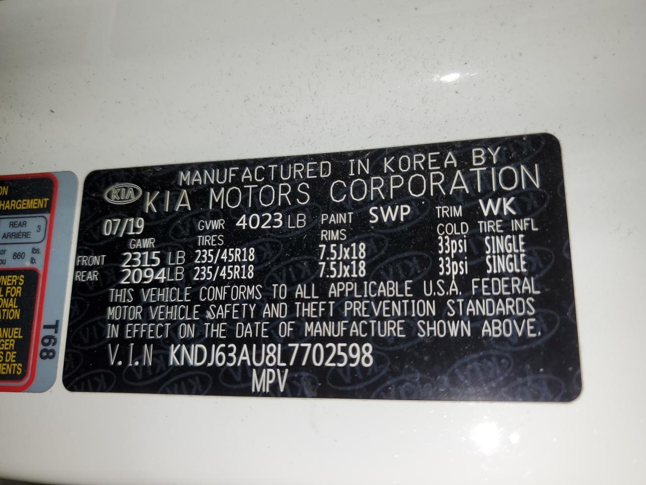 2020 Kia Soul Gt Line VIN: KNDJ63AU8L7702598 Lot: 63808604