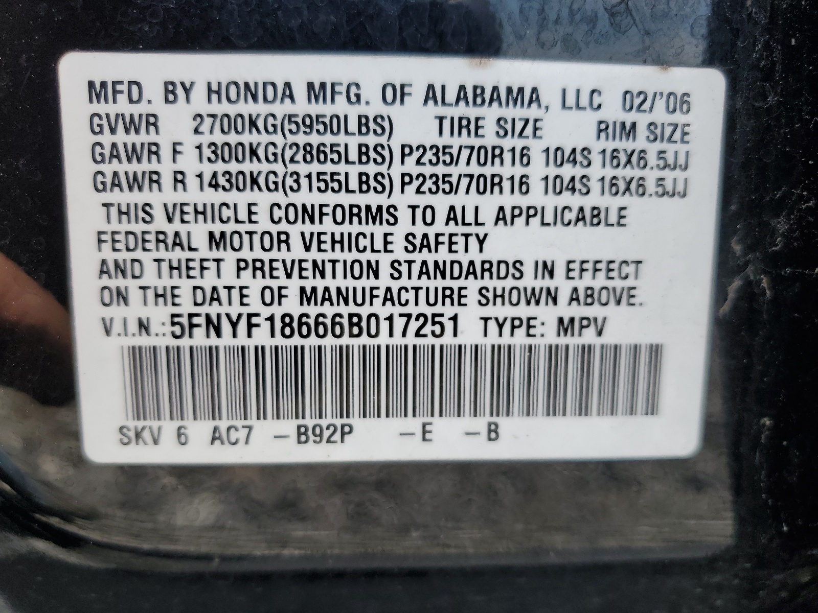 5FNYF18666B017251 2006 Honda Pilot Ex