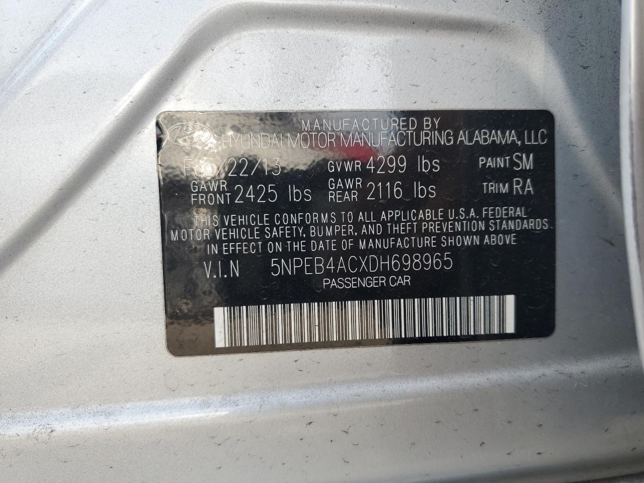 2013 Hyundai Sonata Gls VIN: 5NPEB4ACXDH698965 Lot: 59443224