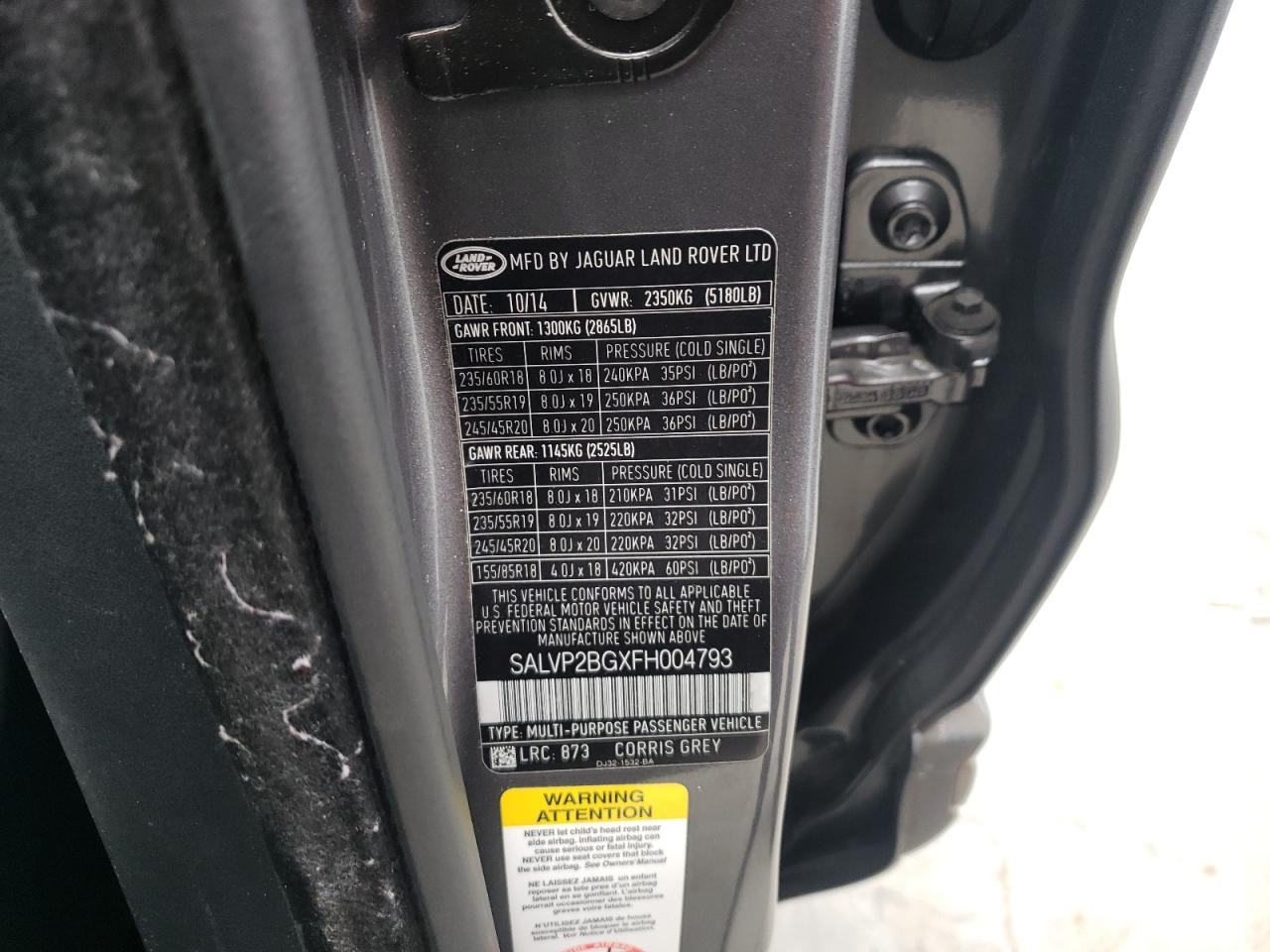 2015 Land Rover Range Rover Evoque Pure Plus VIN: SALVP2BGXFH004793 Lot: 63125234