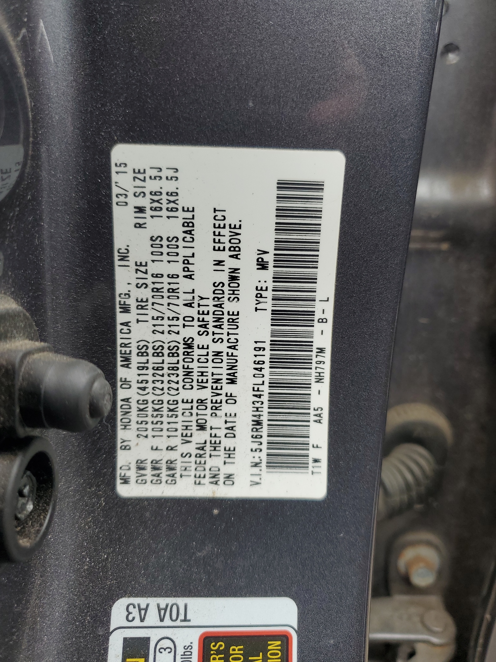 5J6RM4H34FL046191 2015 Honda Cr-V Lx