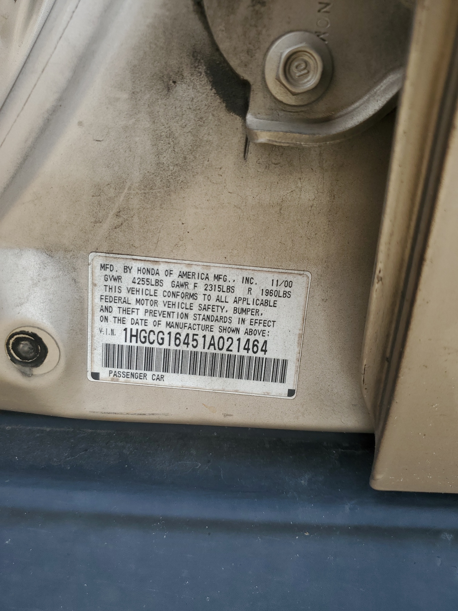 1HGCG16451A021464 2001 Honda Accord Lx