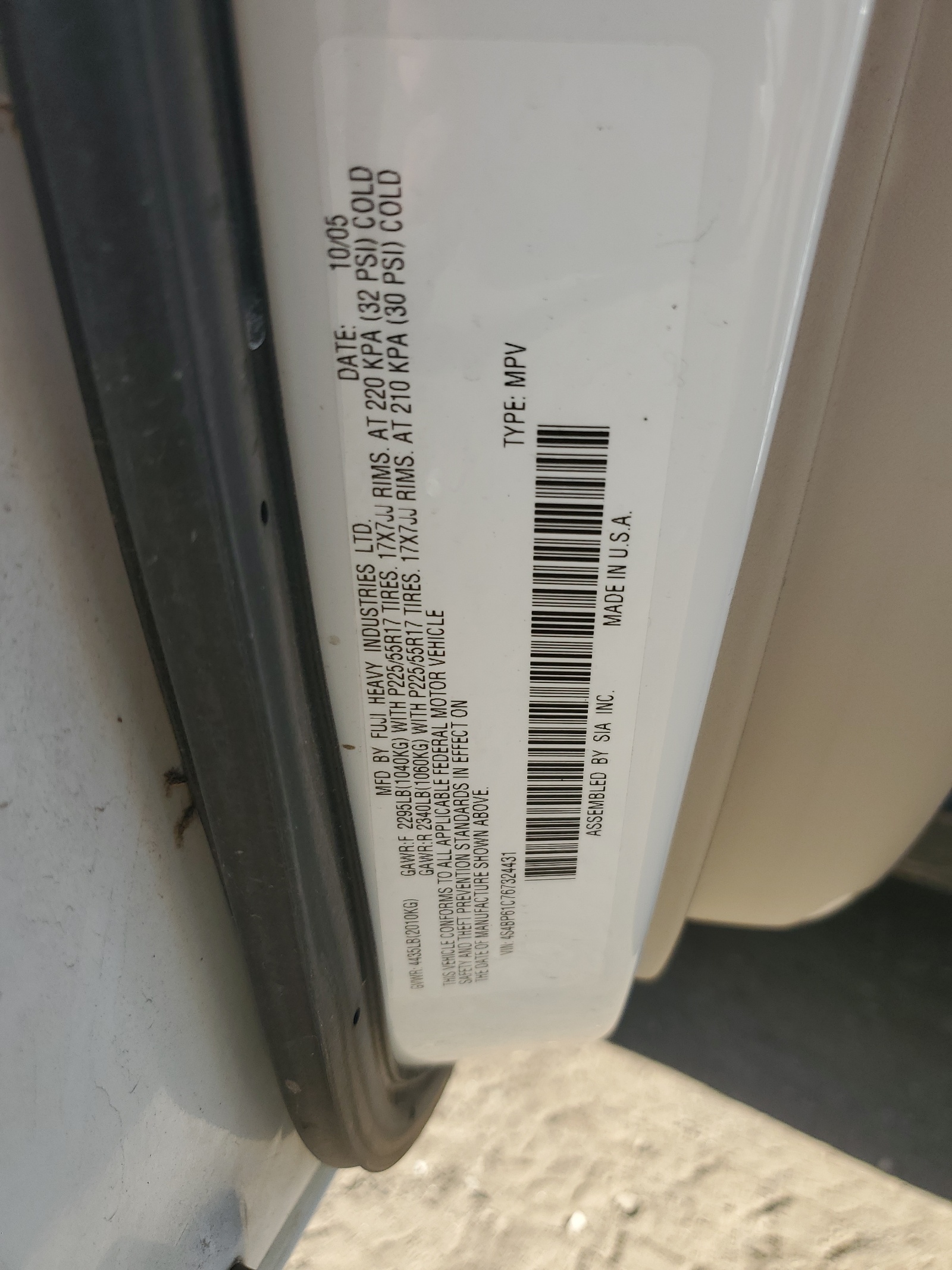 4S4BP61C767324431 2006 Subaru Legacy Outback 2.5I