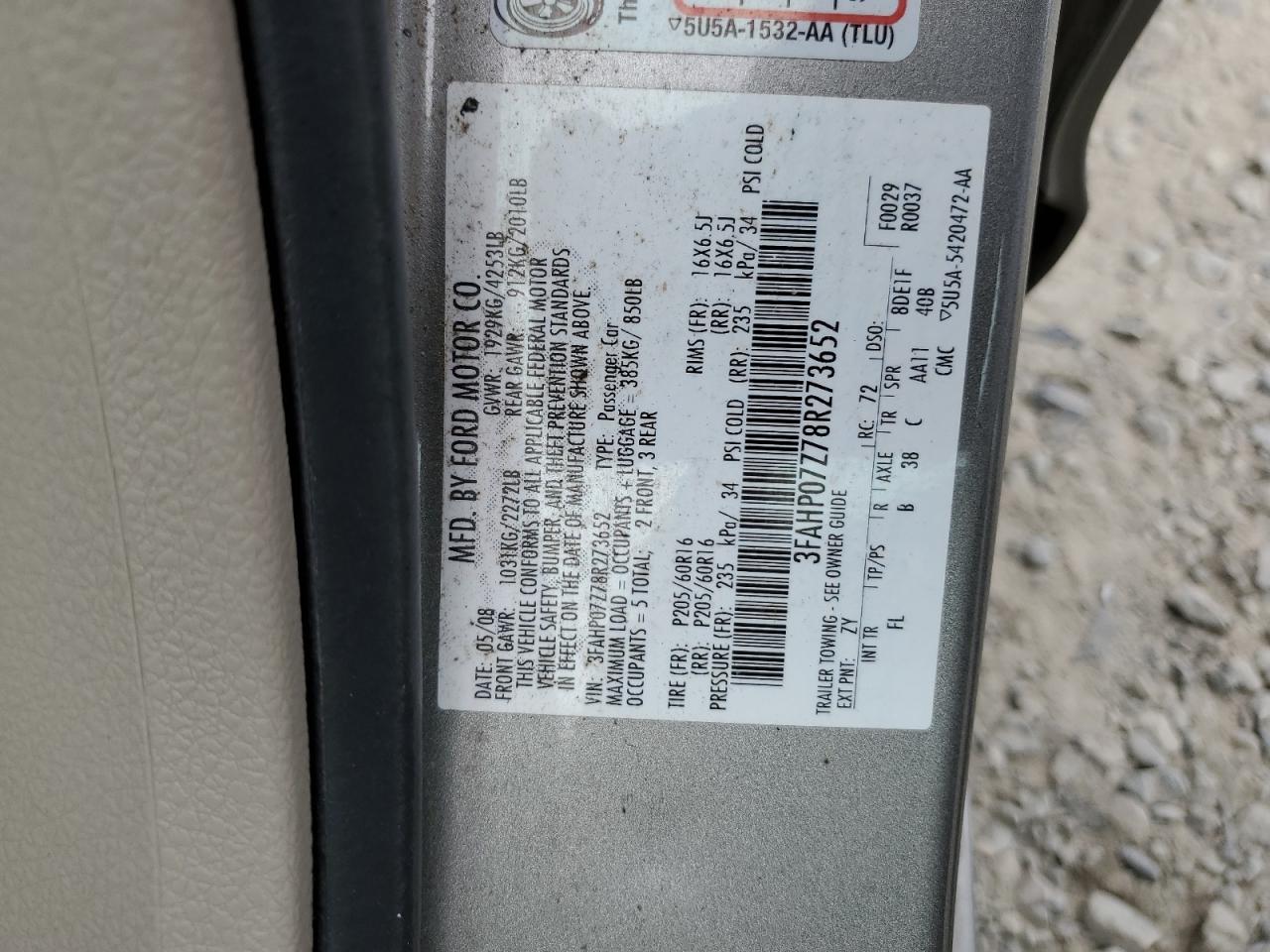 2008 Ford Fusion Se VIN: 3FAHP07Z78R273652 Lot: 63364524