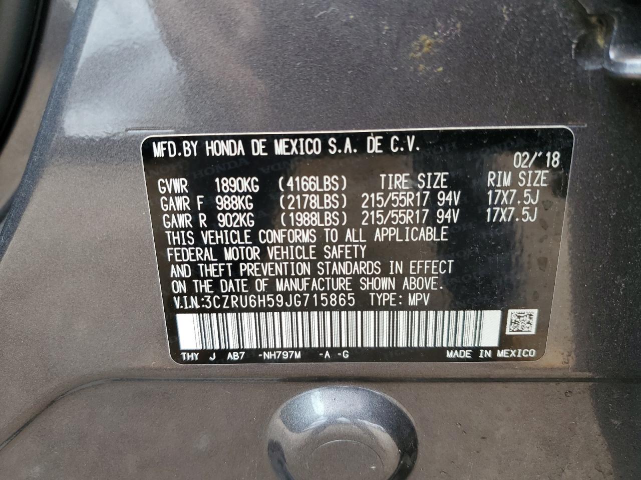 2018 Honda Hr-V Ex VIN: 3CZRU6H59JG715865 Lot: 61806624