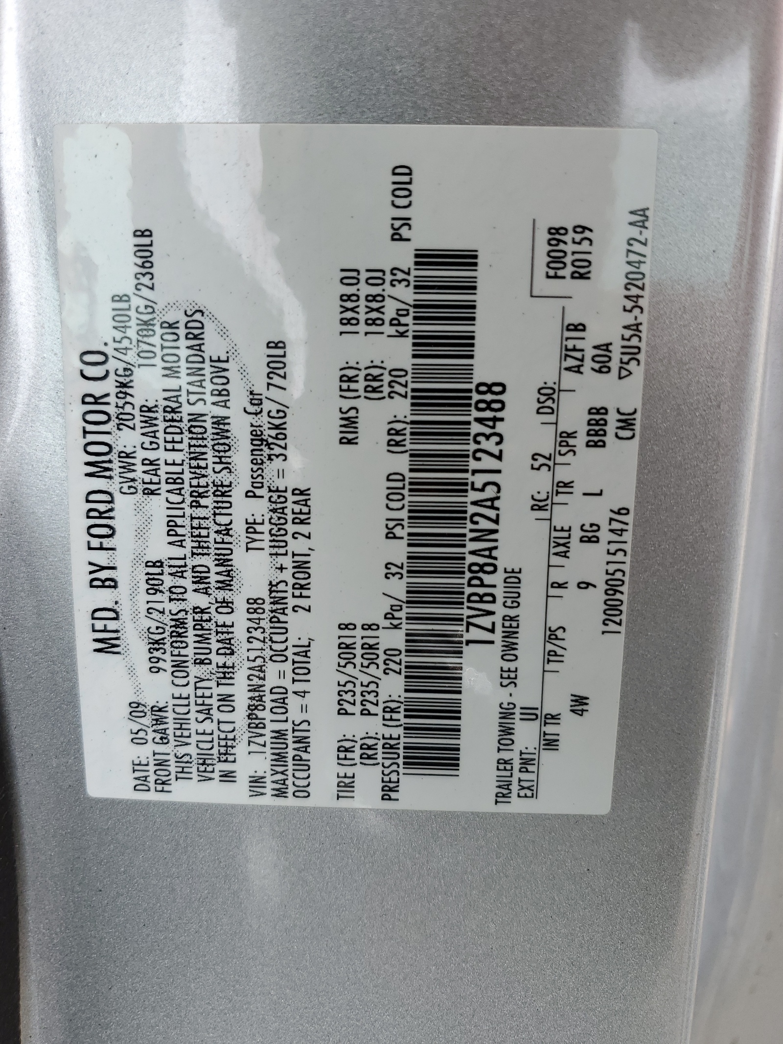 1ZVBP8AN2A5123488 2010 Ford Mustang