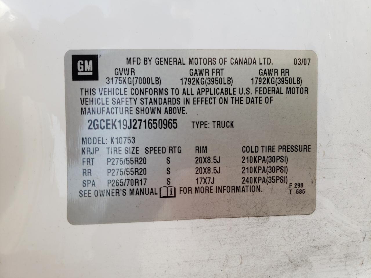 2GCEK19J271650965 2007 Chevrolet Silverado K1500