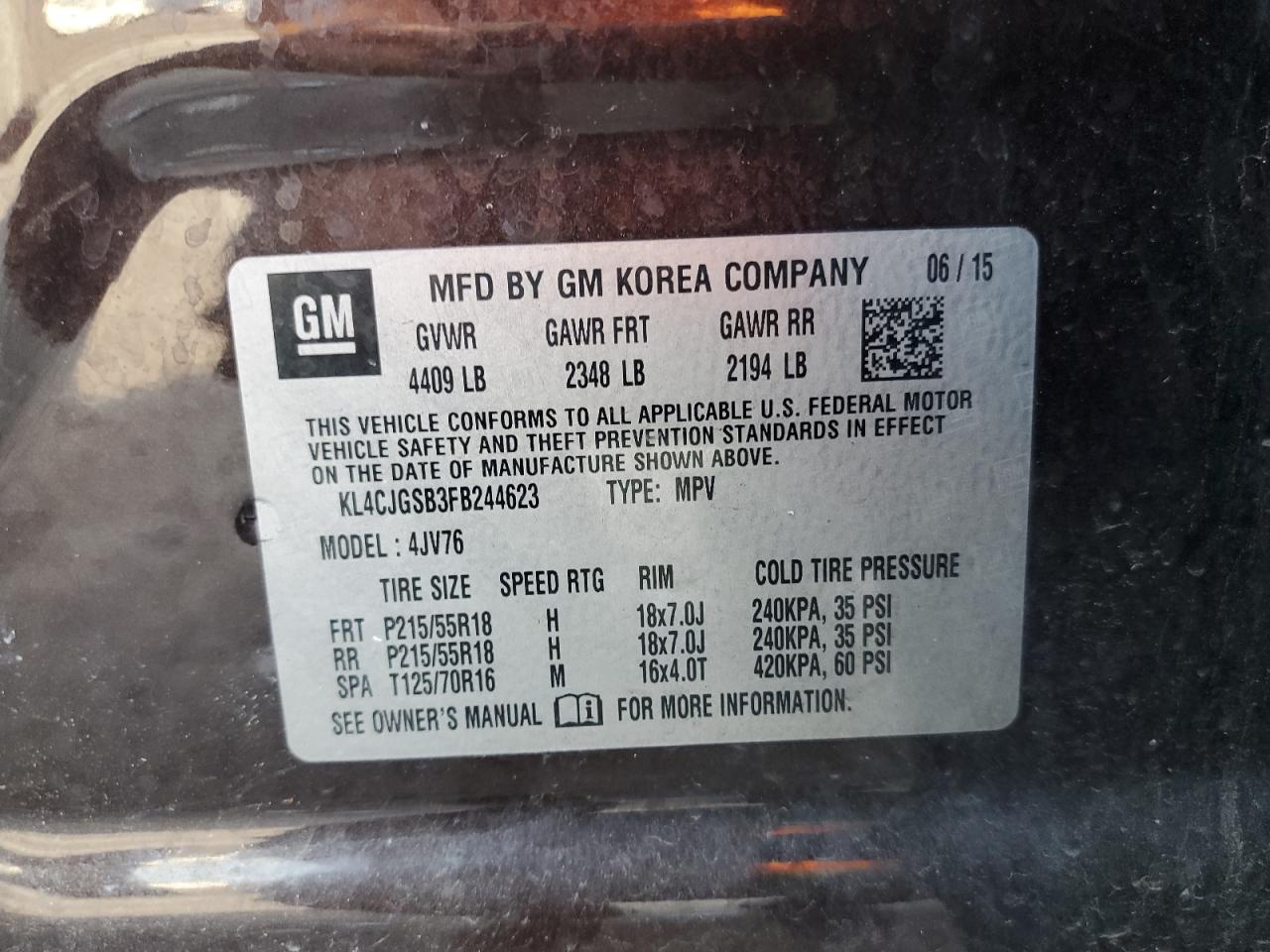 2015 Buick Encore VIN: KL4CJGSB3FB244623 Lot: 63477284