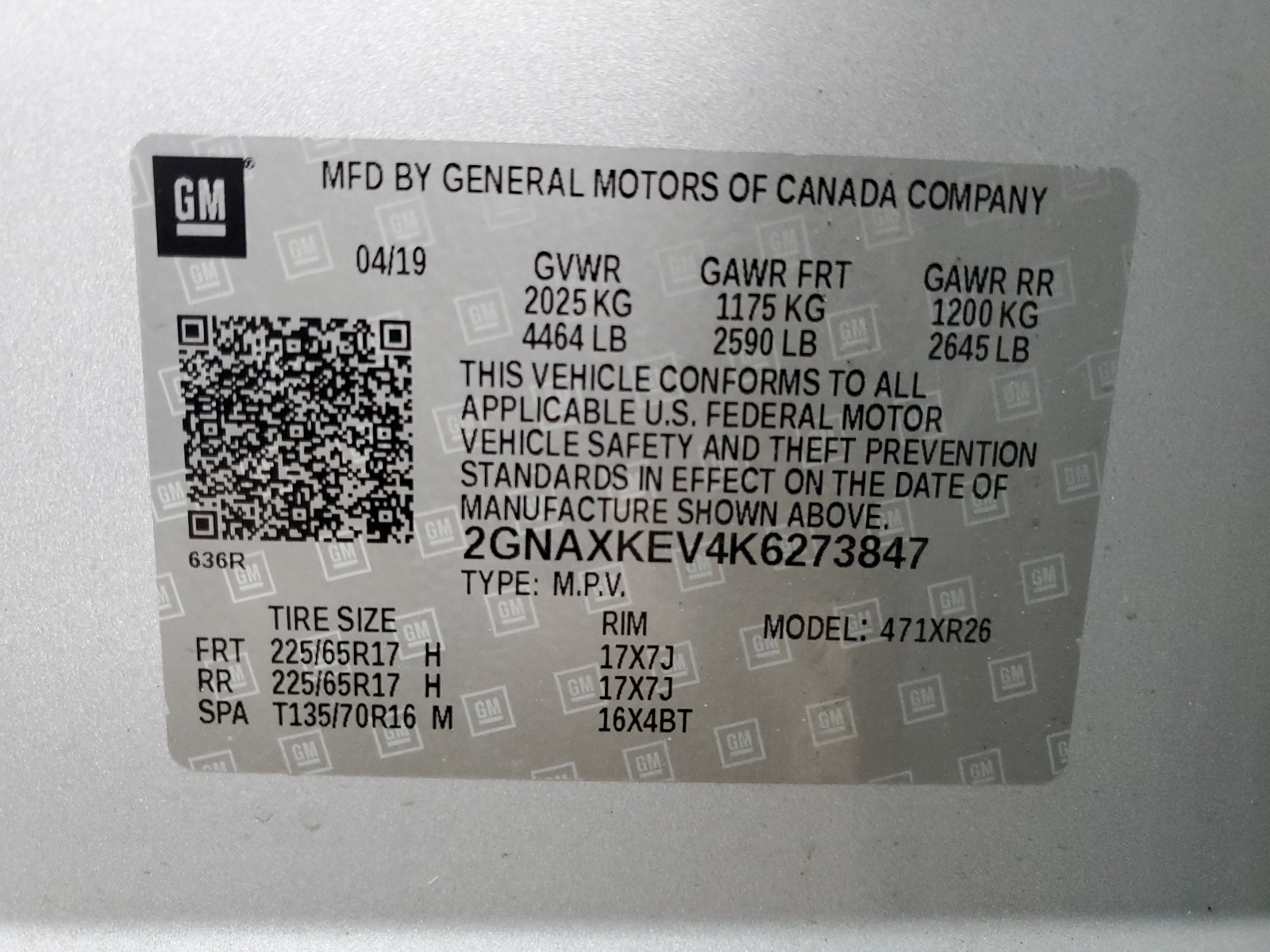 2GNAXKEV4K6273847 2019 Chevrolet Equinox Lt