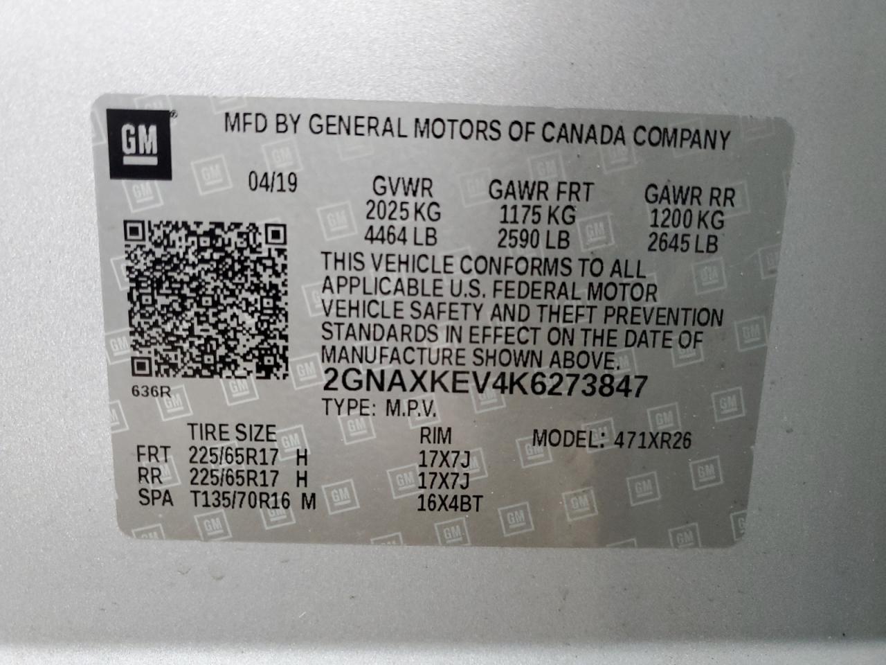 2019 Chevrolet Equinox Lt VIN: 2GNAXKEV4K6273847 Lot: 63848184