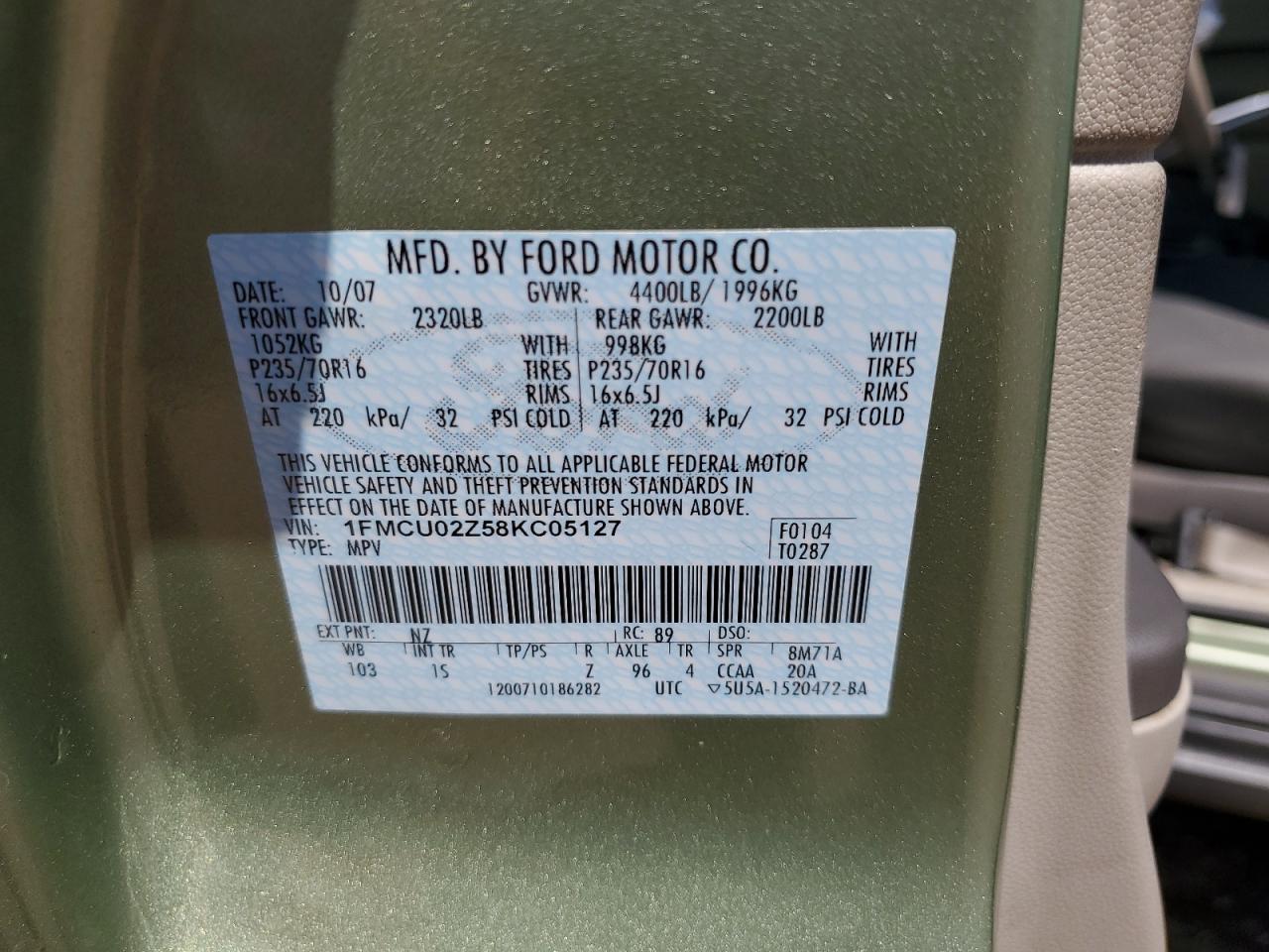 2008 Ford Escape Xls VIN: 1FMCU02Z58KC05127 Lot: 63491944