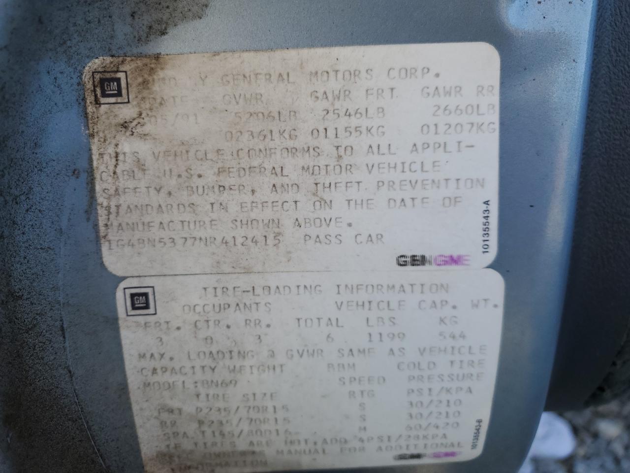 1992 Buick Roadmaster VIN: 1G4BN5377NR412415 Lot: 63187934