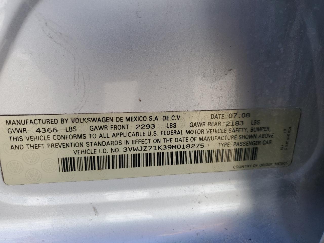 3VWJZ71K39M018275 2009 Volkswagen Jetta S