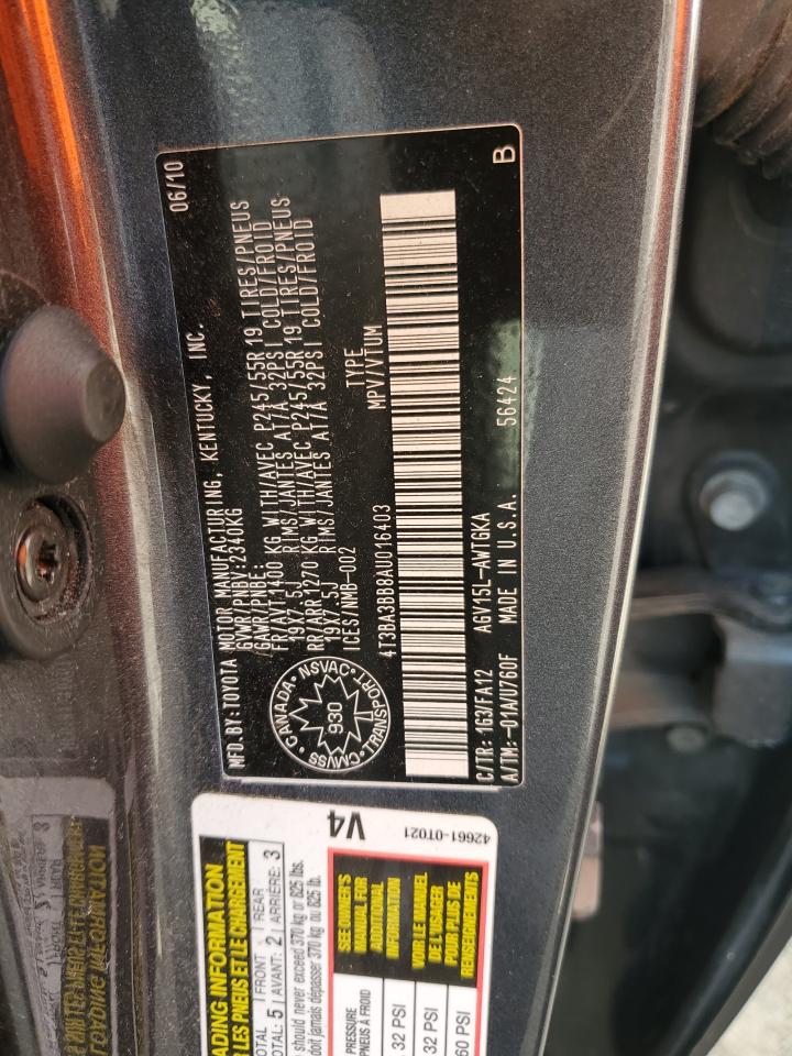 2010 Toyota Venza VIN: 4T3BA3BB8AU016403 Lot: 64253284