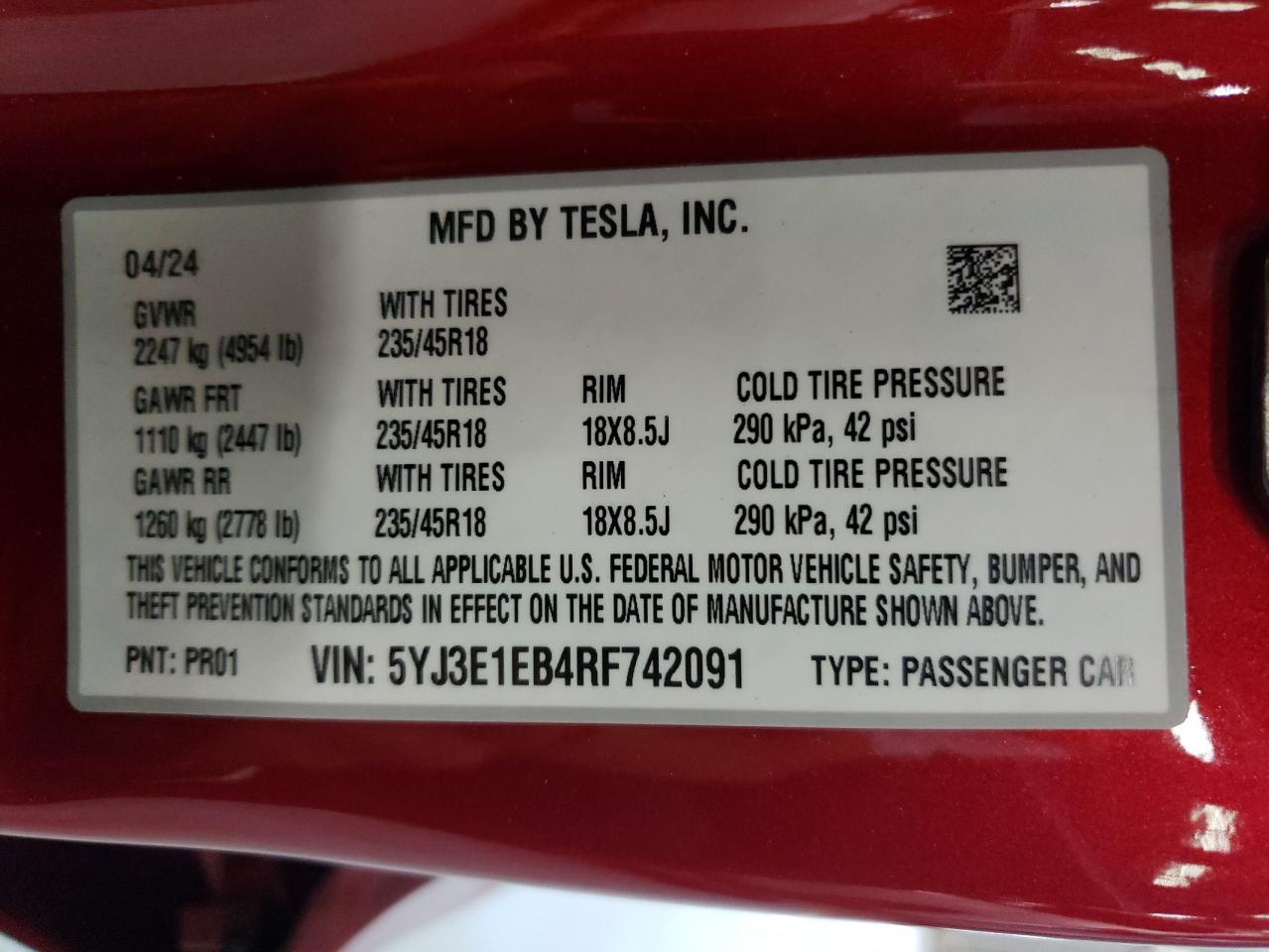 5YJ3E1EB4RF742091 2024 Tesla Model 3