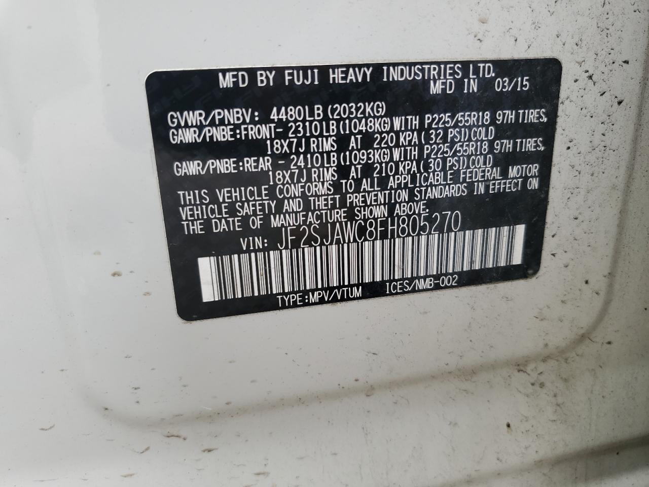 2015 Subaru Forester 2.5I Touring VIN: JF2SJAWC8FH805270 Lot: 61452454