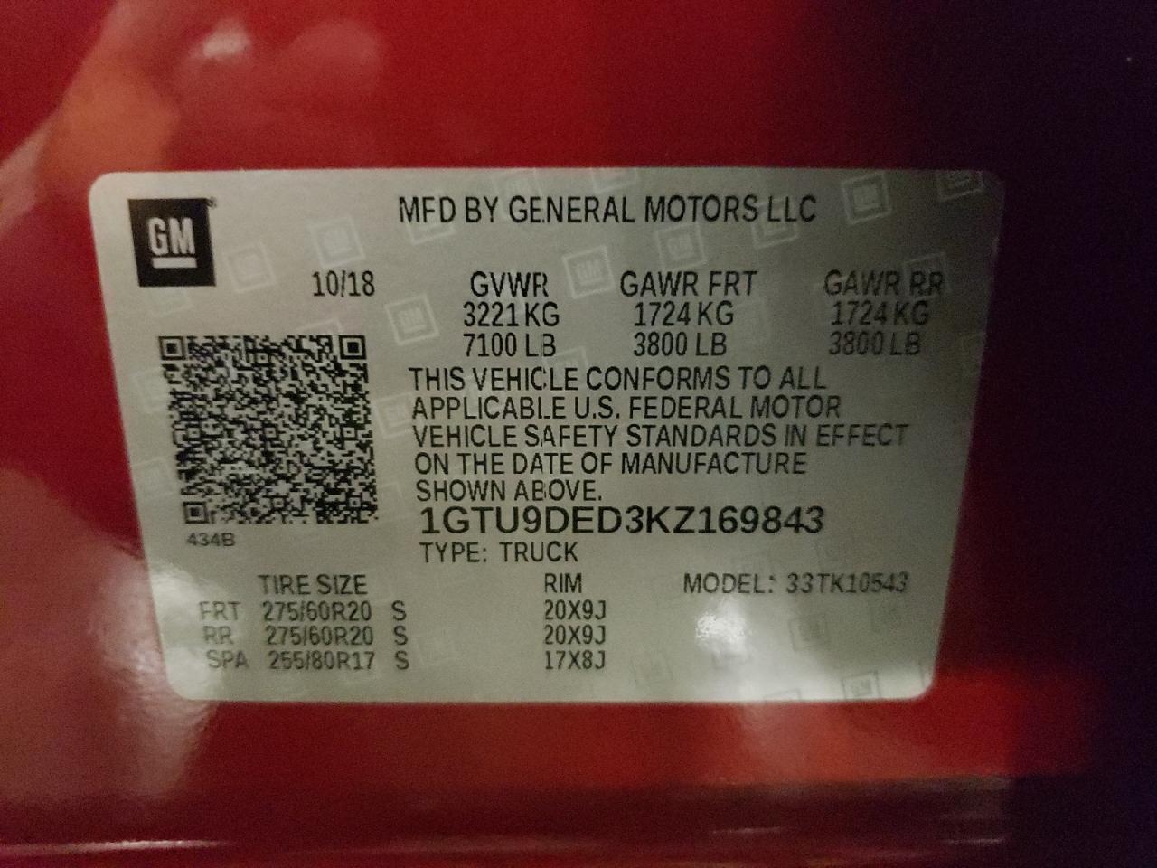 2019 GMC Sierra K1500 Slt VIN: 1GTU9DED3KZ169843 Lot: 62605714