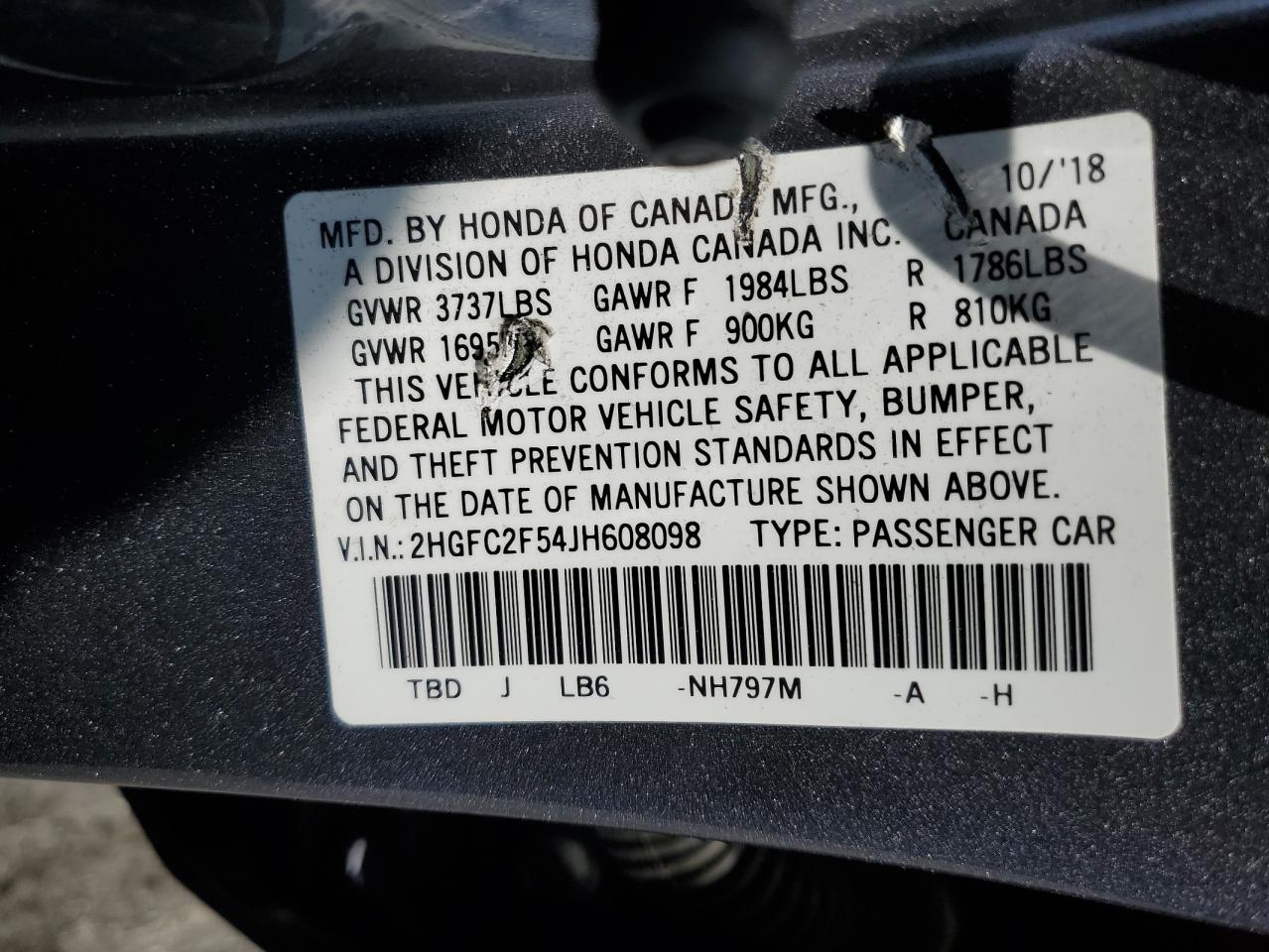 2HGFC2F54JH608098 2018 Honda Civic Lx