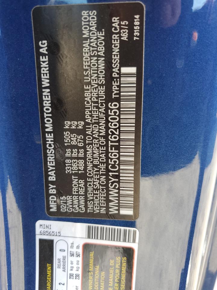 2015 Mini Cooper Roadster VIN: WMWSY1C56FT626056 Lot: 62042764