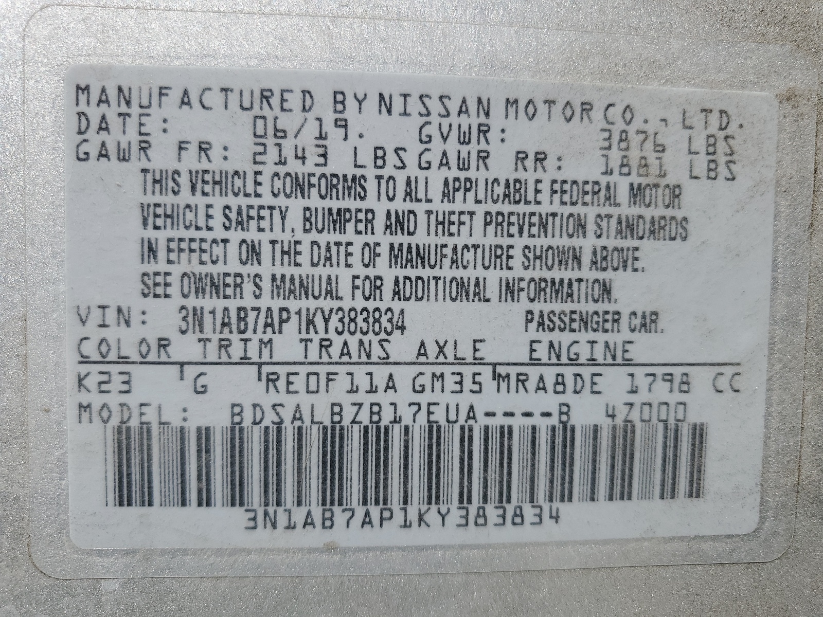 3N1AB7AP1KY383834 2019 Nissan Sentra S