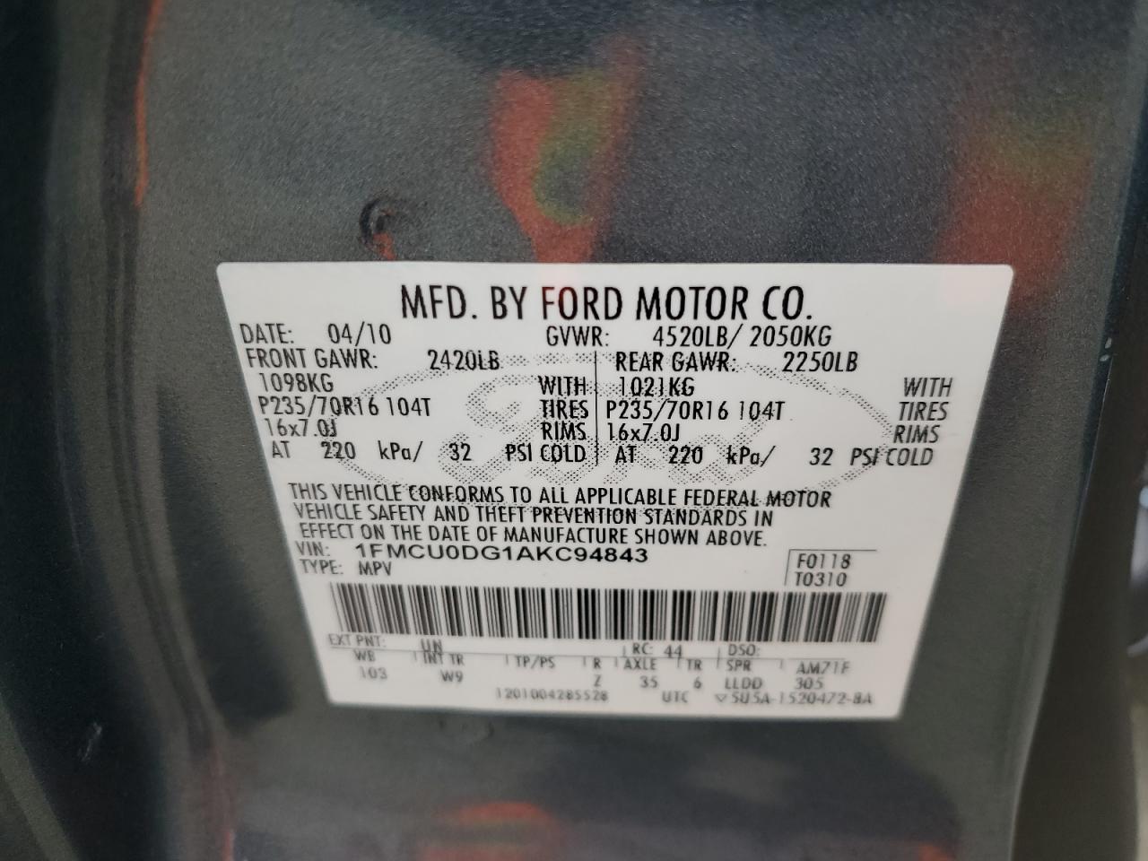 2010 Ford Escape Xlt VIN: 1FMCU0DG1AKC94843 Lot: 65315284