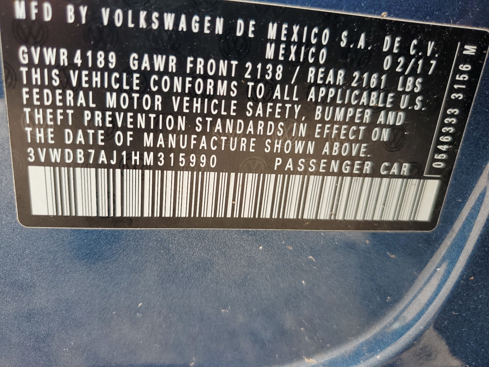 3VWDB7AJ1HM315990 2017 Volkswagen Jetta Se