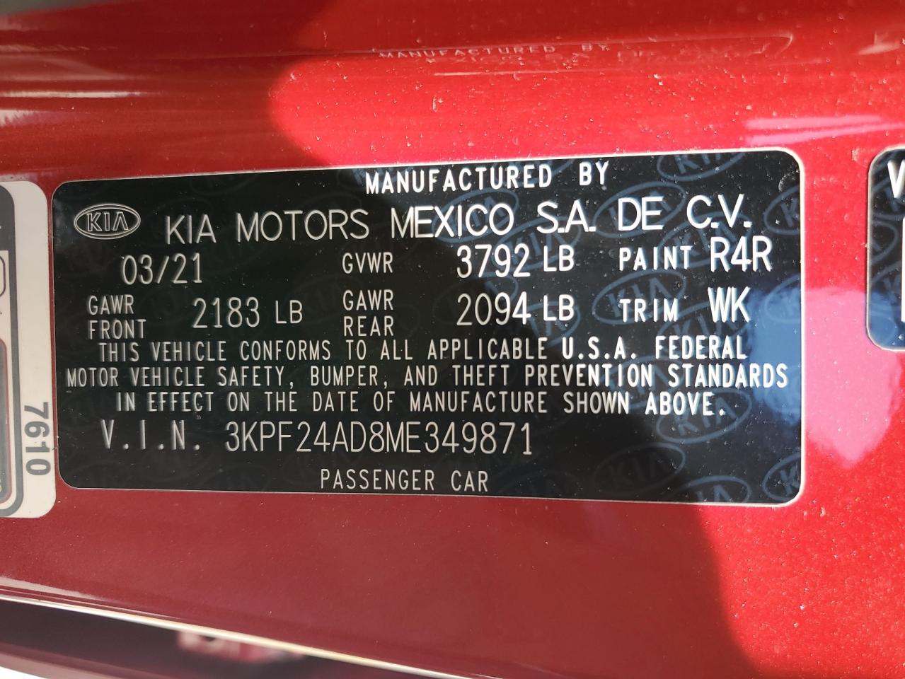 2021 Kia Forte Fe VIN: 3KPF24AD8ME349871 Lot: 63678644