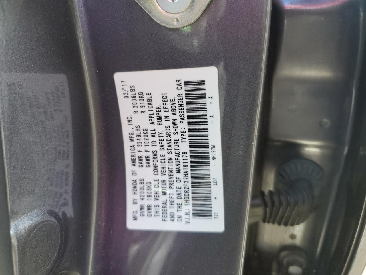 VIN 1HGCR2F37HA191178 2017 HONDA ACCORD no.12