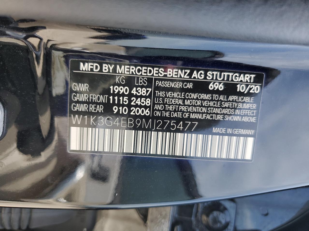 2021 Mercedes-Benz A 220 VIN: W1K3G4EB9MJ275477 Lot: 68548244