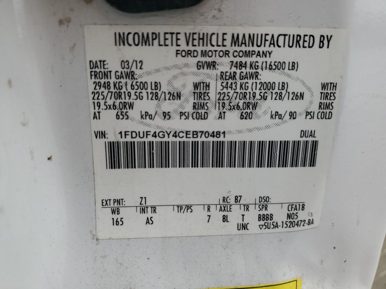 2012 Ford F450 Super Duty VIN: 1FDUF4GY4CEB70481 Lot: 67524124