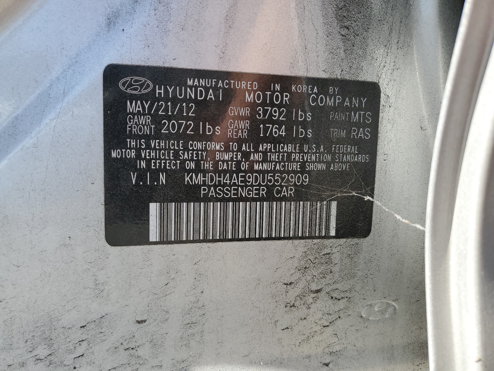 KMHDH4AE9DU552909 2013 Hyundai Elantra Gls