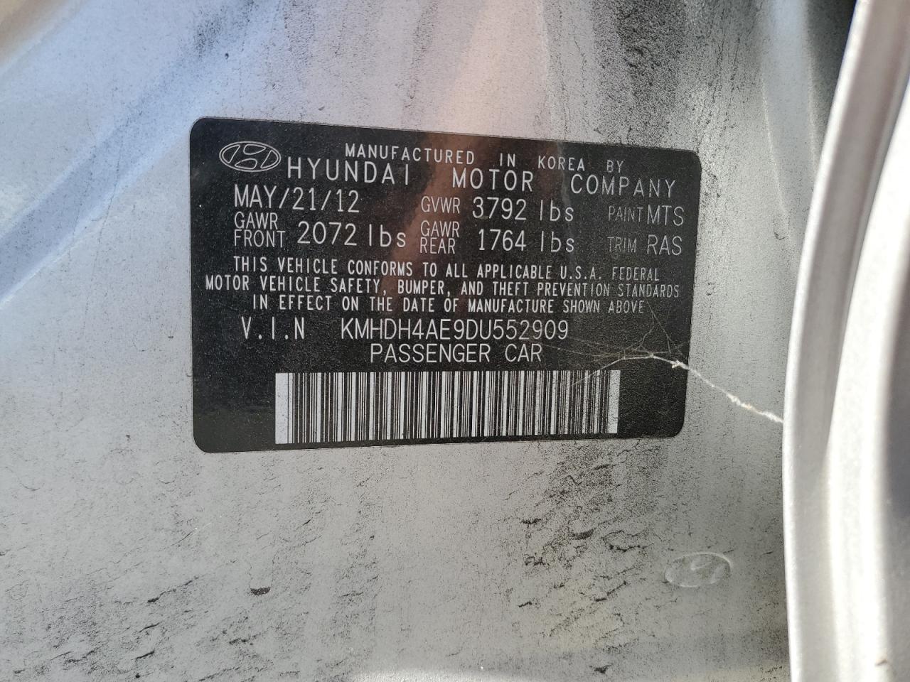 2013 Hyundai Elantra Gls VIN: KMHDH4AE9DU552909 Lot: 63562854