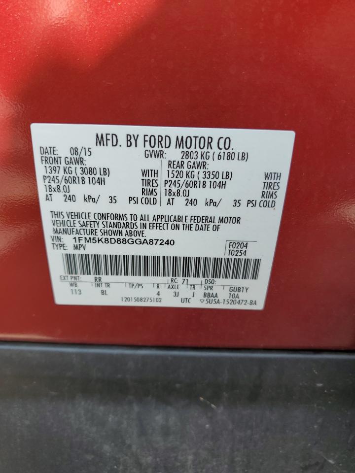 2016 Ford Explorer Xlt VIN: 1FM5K8D88GGA87240 Lot: 64202444