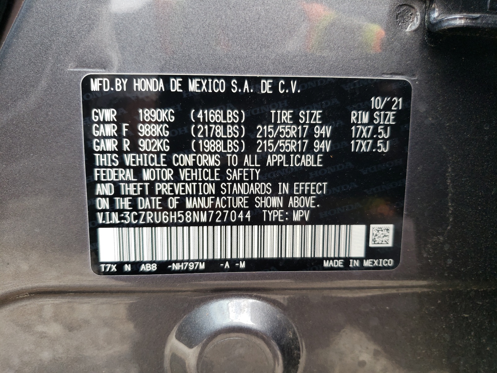 3CZRU6H58NM727044 2022 Honda Hr-V Ex