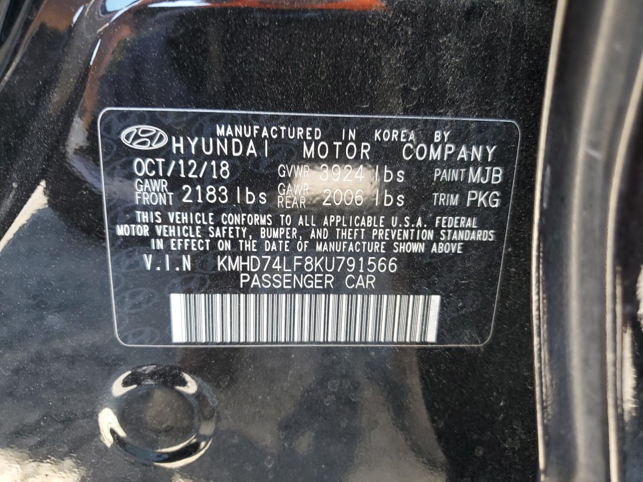 KMHD74LF8KU791566 2019 Hyundai Elantra Se