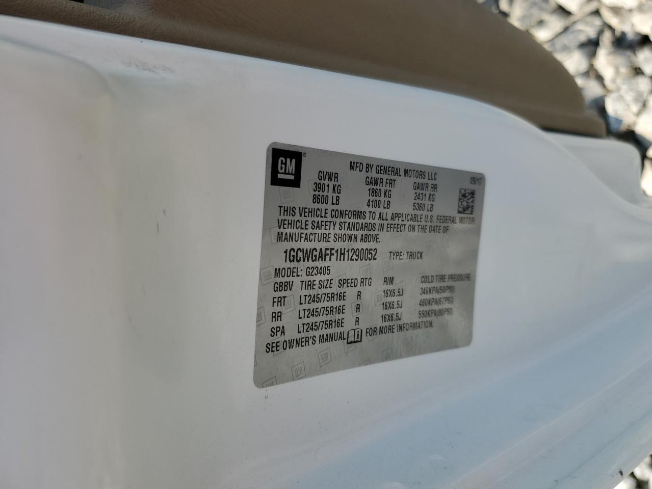 2017 Chevrolet Express G2500 VIN: 1GCWGAFF1H1290052 Lot: 64233974