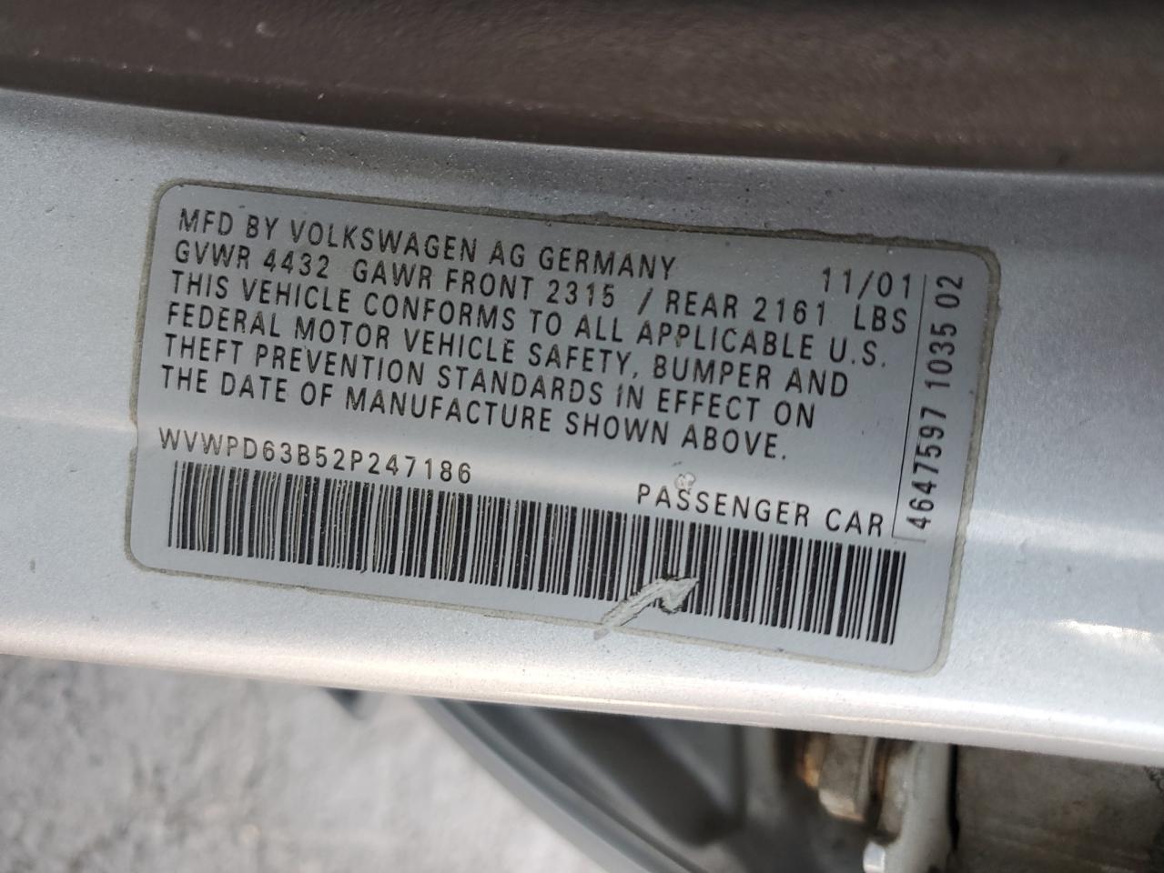 2002 Volkswagen Passat Gls VIN: WVWPD63B52P247186 Lot: 62541124