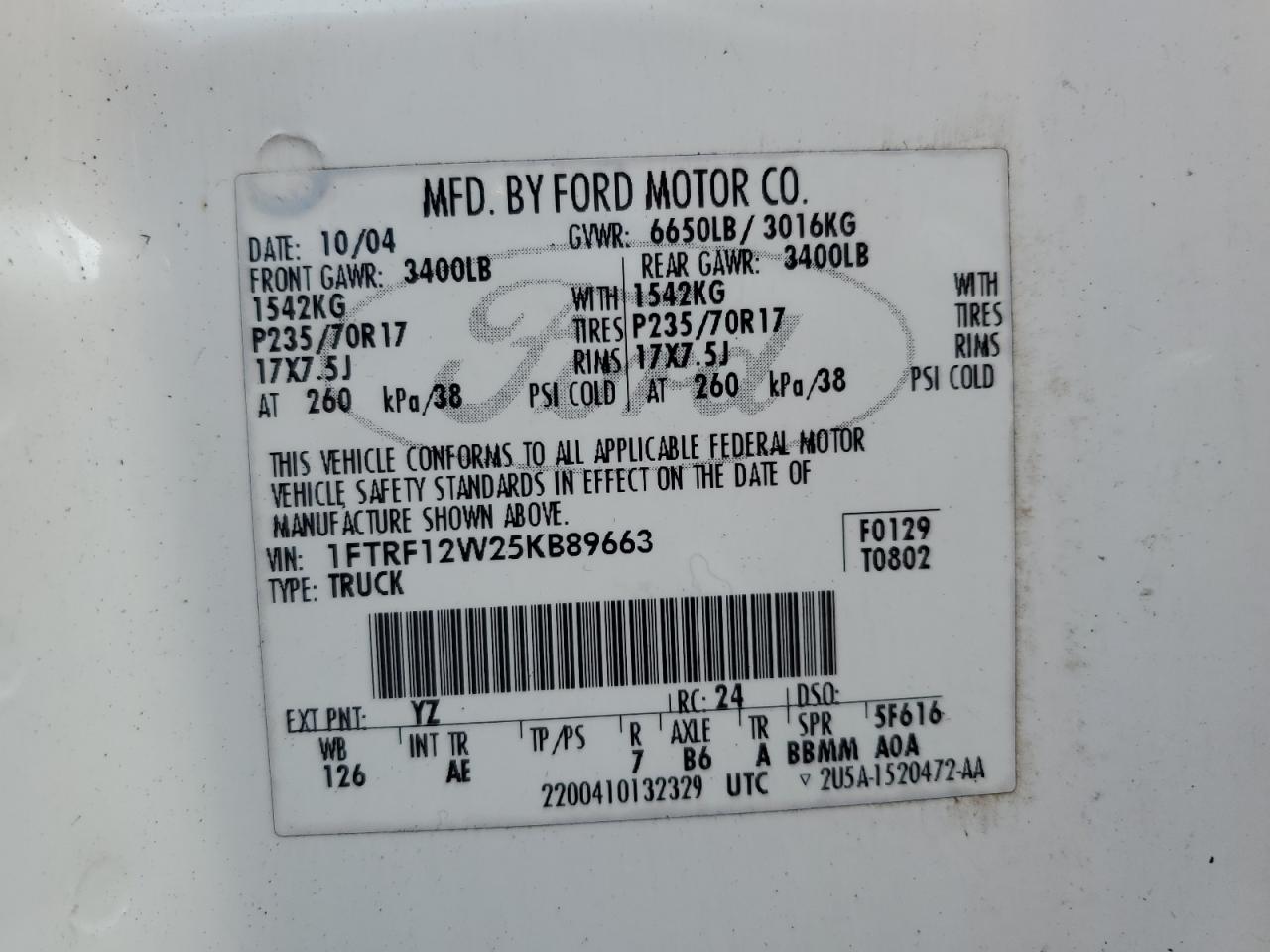 2005 Ford F150 VIN: 1FTRF12W25KB89663 Lot: 63218784